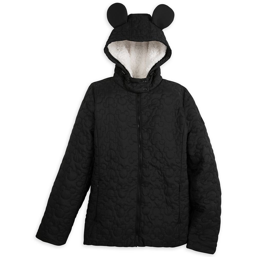 Disney Parks Mickey Mouse Black Quilted Puffer Jacket Sherpa Hood Ears XL
